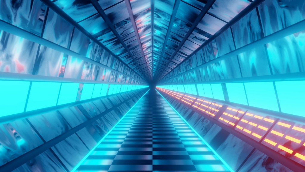 Image shows a long hallway tinted blue with sci-fi imagery