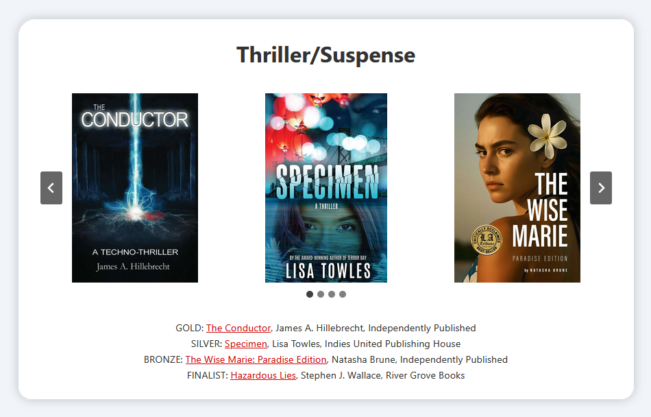 Image of the winners of the Thrillers/Suspense category for Reader View, with James A. Hillebrecht's The Conductor in the gold.